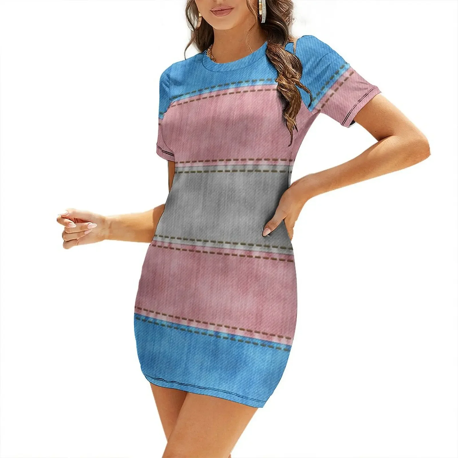 

Denim Textured Seamless Transgender Pride Flag Pattern Short-Sleeved Dress Women's long dress women's evening dress 2025