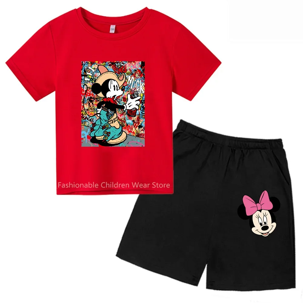 Mickey Mouse Cartoon Print Shortsleeve T-Shirt & Shorts - Cute Disney Style For Kids' Casual Days