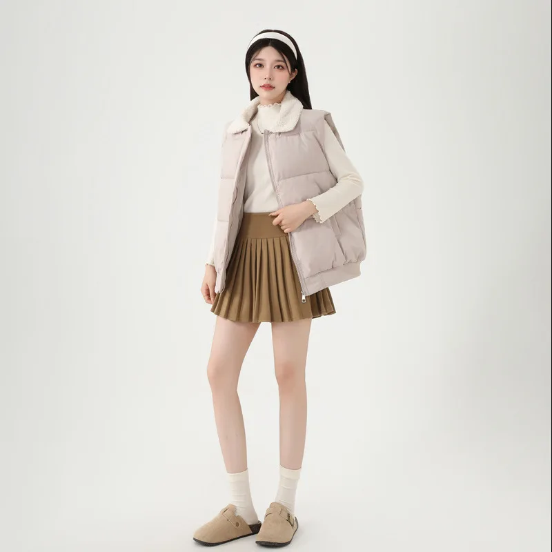 Women Parkas Vest Coats Solid Down Coats Zipper Turndown Fur Collar Sleeveless Straight Fit Thick Casual Office Lady Winter 2025