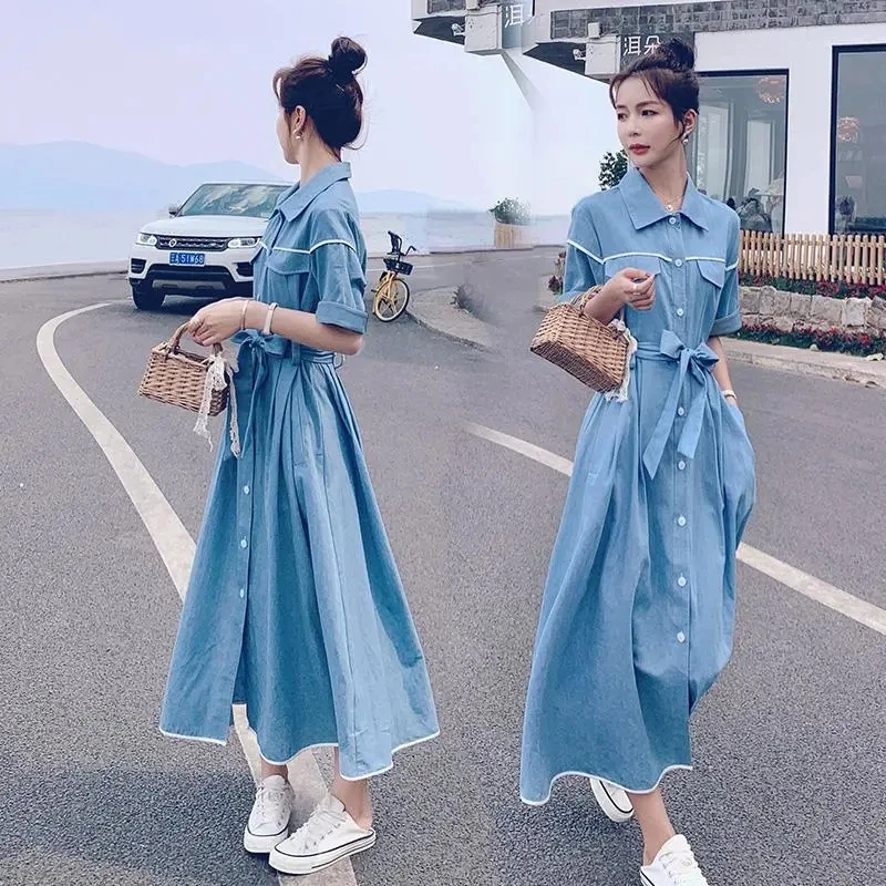 

Korea Vintage Denim Dress Women's Summer New 2023 Short-Sleeved Slim Dresses Street Clothes Single-Breasted Jeans Dress Female