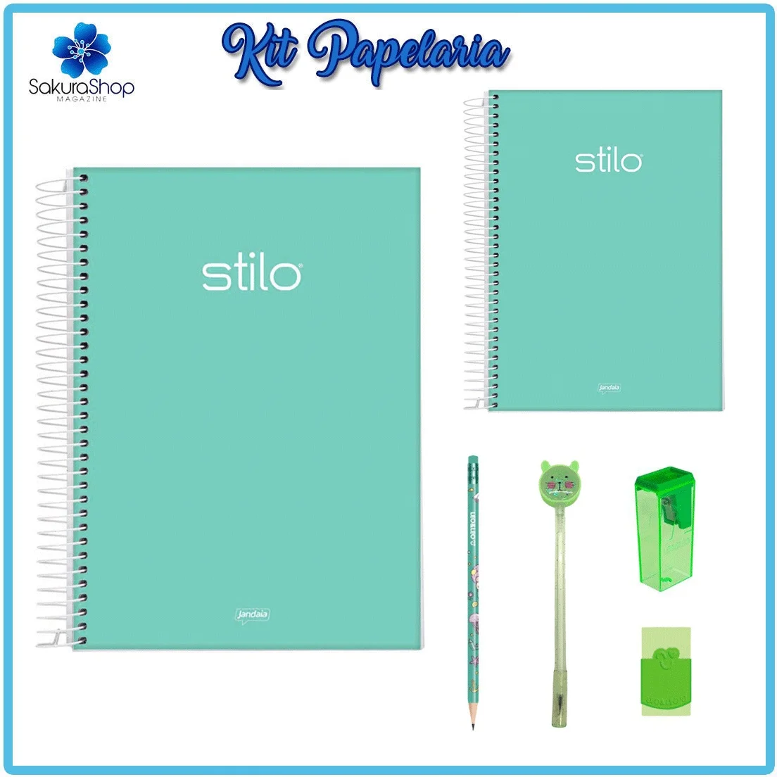 Kit Papelaria Tons de Verde 3 Escolar Neon Pastel