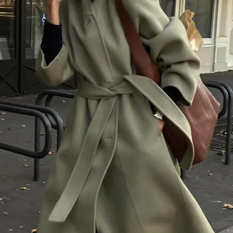 

Модное шерстяное пальто женское средней длины 2024, осень-зима, новое однотонное темпераментное облегающее шерстяное пальто на пуговицах, женское