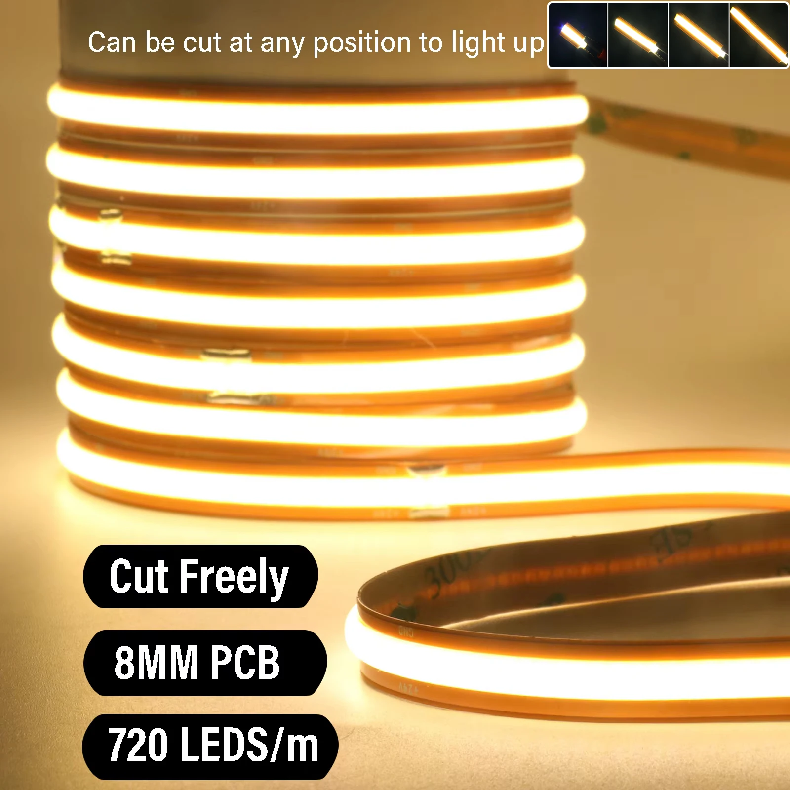 

Cut Freely COB LED Strip Light 24V Super Bright 720 LEDs/m Flexible Tape 8MM PCB High Density Linear Lighting Warm Natural White