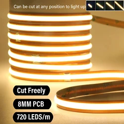 Cut Freely COB LED Strip Light 24V Super Bright 720 LEDs/m Flexible Tape 8MM PCB High Density Linear Lighting Warm Natural White