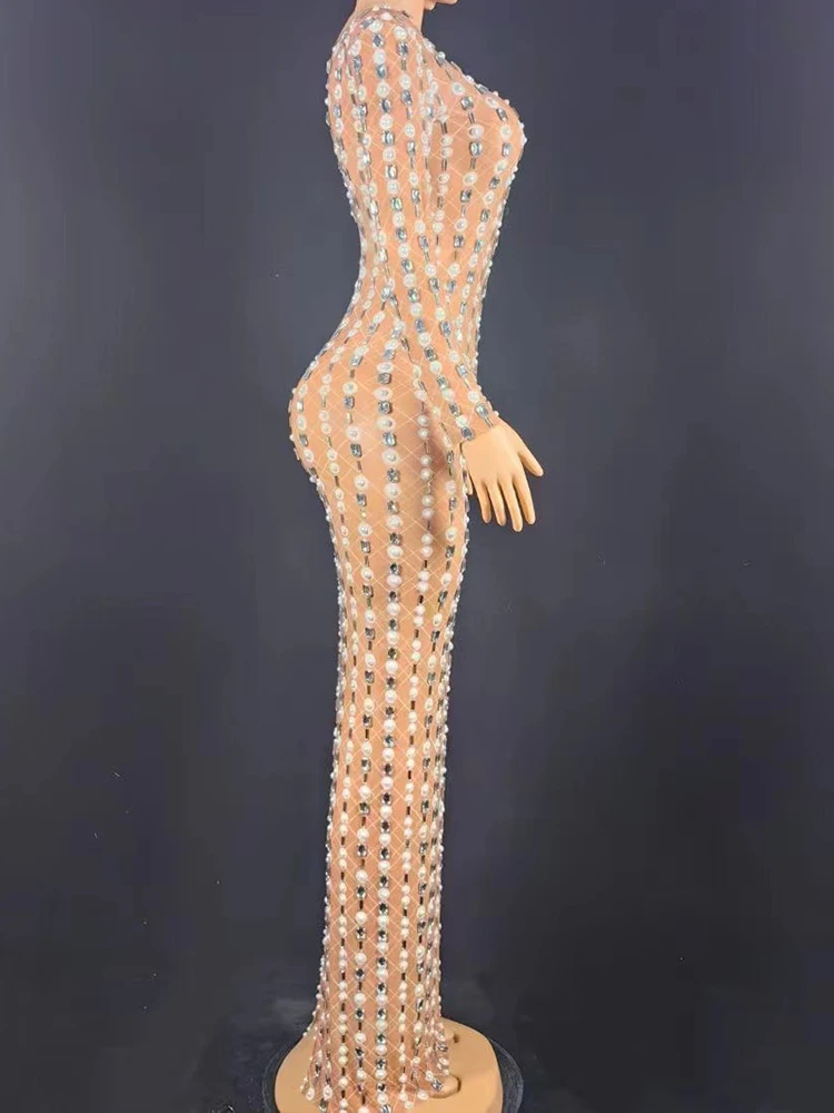 High Quality Hot Bead Hot Diamond Sexy Elastic Long Sleeved Dress 2025 New Fashion Custom Women'S Clothing