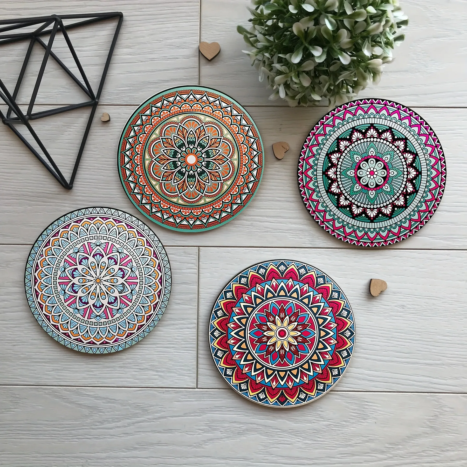 6PCS Elegant Retro Mandala 2D Wooden Coaster Colorful Lightweight for Coffee Shop Office Home Decor Computer Desk Insulation Pad