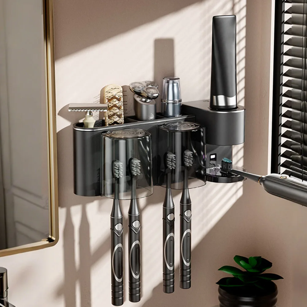 Automatic Toothpaste Dispenser with Toothbrush Holder Wall Mounted Adjustable Levels Waterproof Design for Bathroom Organization