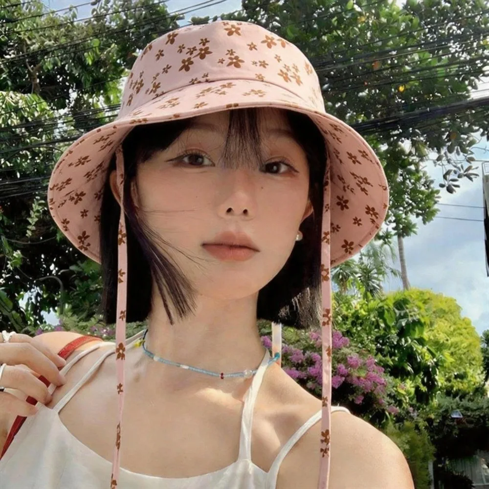 Fashion Polyester Floral Print Bucket Hat Double Sided Adjustable Panama Hat Wide Brim Foldable Sun Hat Daily Wear