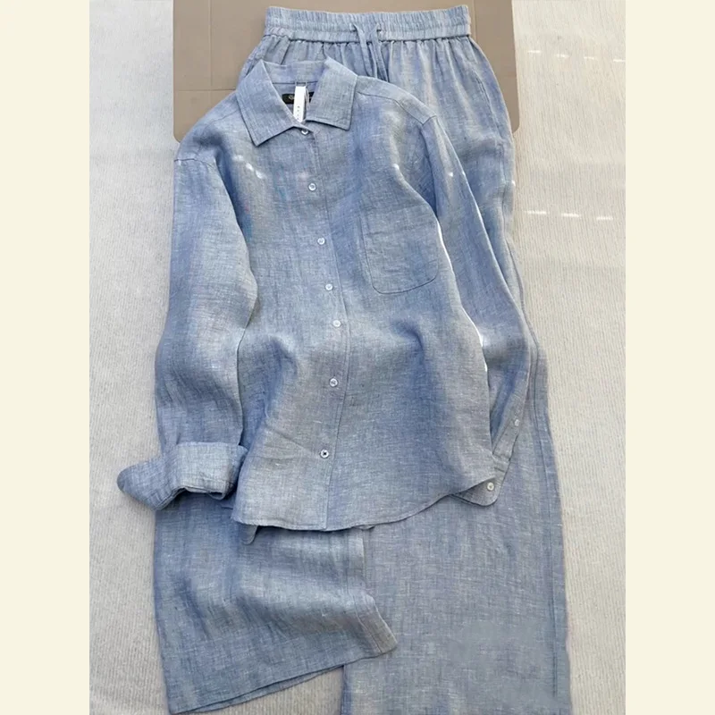 

Fashion Women's Set Spring and Autumn Korean Version Blue Long Sleeved Shirt Casual Wide Leg Pants Two-piece Set