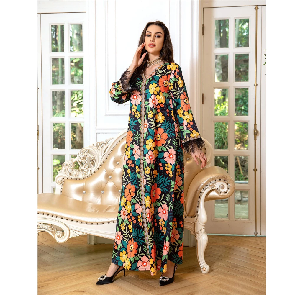 Wedding Party Dresses 2024 Eid Dubai Turkey Arab Moroccan Jalabiya Colorful Floral Print Rhinestones Feather Tape Gulf Abayas