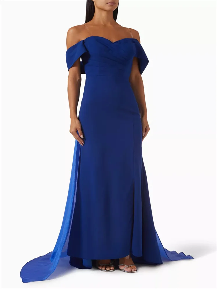 

New Arrival Sweetheart Off Shoulder Neckline Satin Sheath Evening Dress Open Back Zipper Floor Length Sweep Train Gown For Women