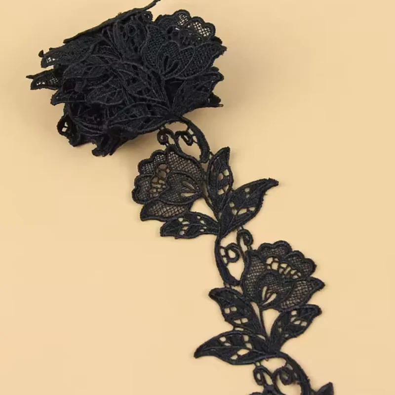 1 Yard de Tissu en Dentelle Brodé de Fleurs Blanches et Noires, Bordure Guipure pour Couture DIY, Applique Décorative Artisanale