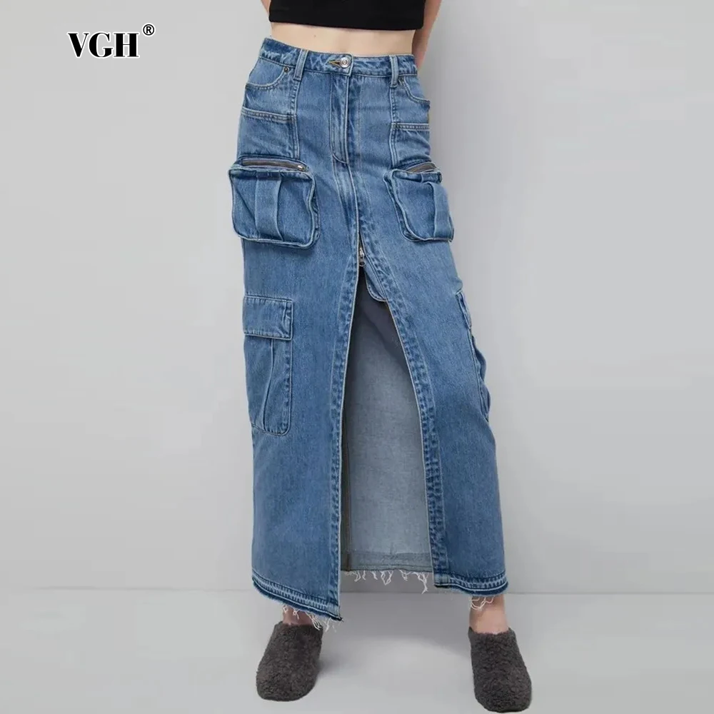 

VGH Solid Spliced Button Skirt For Women High Waist Split Patchwork Pocket Streetwear A Line Skirts Female Fashion New