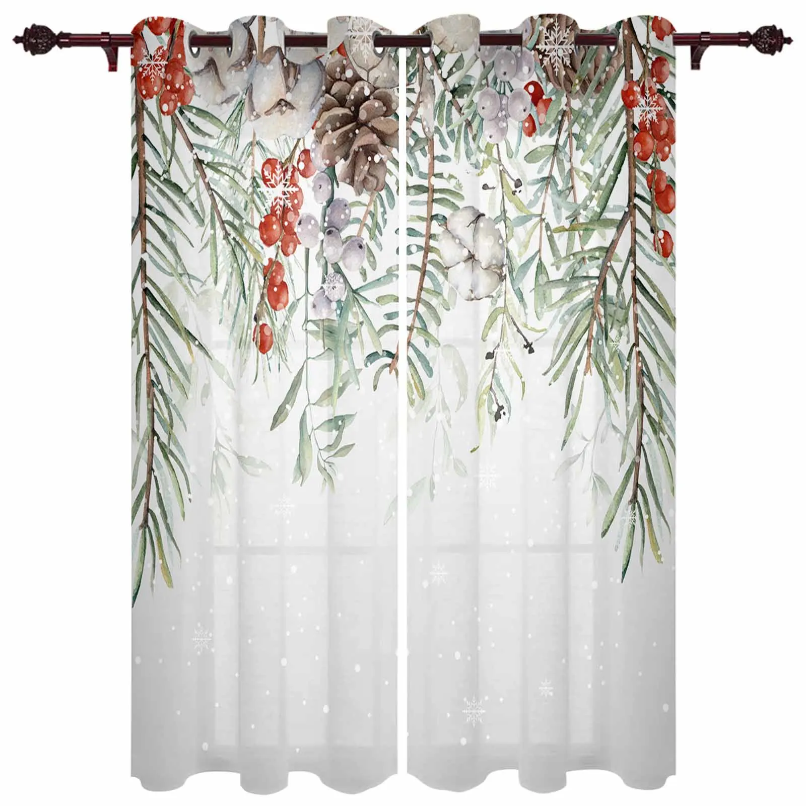 Christmas Pine Leaves Berries Hazelnuts Snowflakes Tulle Curtains For Living Room Bedroom Modern Kitchen Sheer Curtains