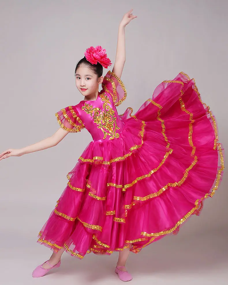 Traje espanhol desempenho menina flamenco vestido de dança de salão saia para meninas criança dança estudante vestidos trajes para crianças