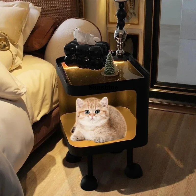 Metal Small-sized Glass Nightstand Desktop Solid Color Square Strong Load-bearing Cat Nest Stereoscopic Base Modern Furniture