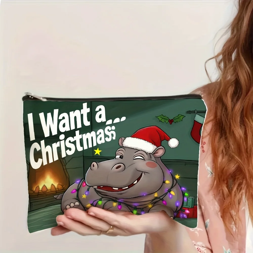 A Christmas hippo wearing a hat with colorful lights makeup bag- multifunctional zipper pouch, jewelry storage bag, perfect trav