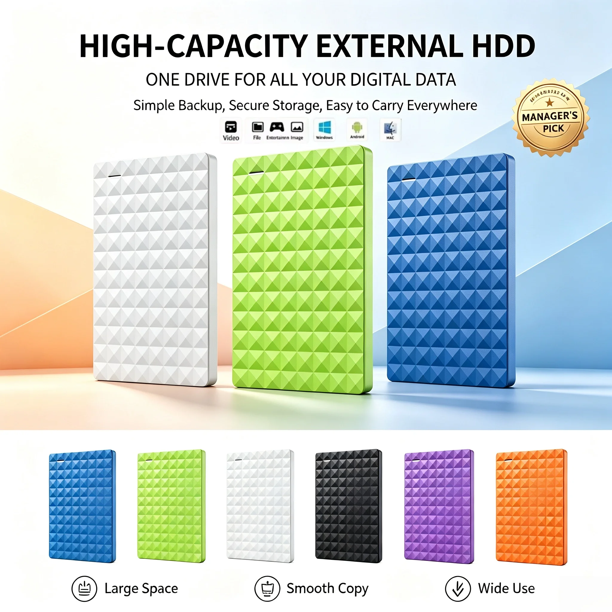 USB3.0 2.5-Inch Portable HDD, Large Capacity External Hard Drive for Laptop & Office, Data Recovery, 500GB/1TB/2TB/4TB.