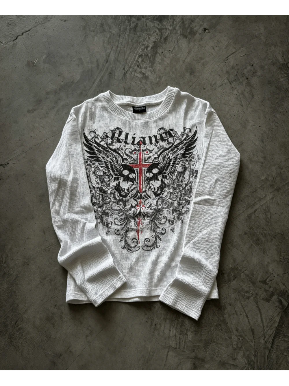 2026 New American Retro Subculture Gothic Skull Wings Cross Printed Casual Long Sleeve Top Street Punk Trendy Niche Versatile