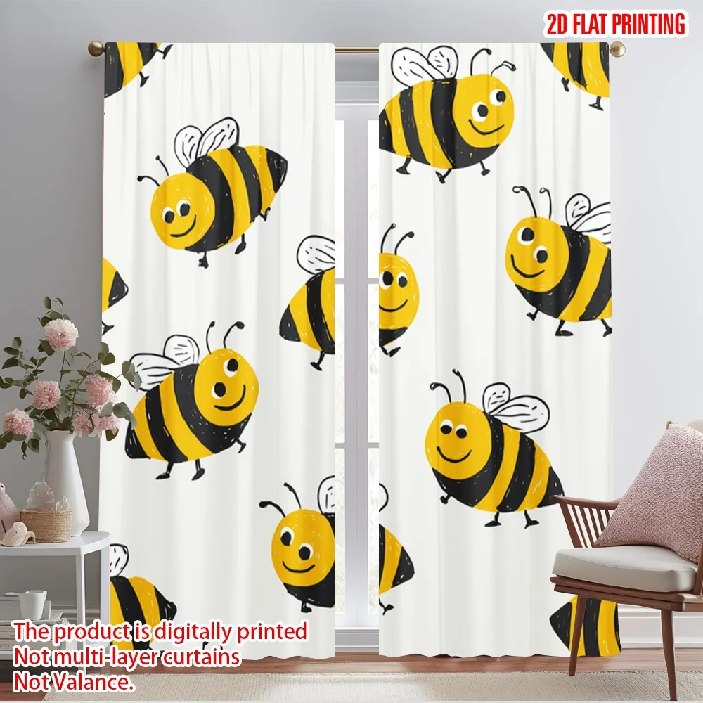 

2pcs 2D flat printing Party Curtains Cute Bee Flying Seamless Polyester Without Electricity 0 for aesthetic room decor