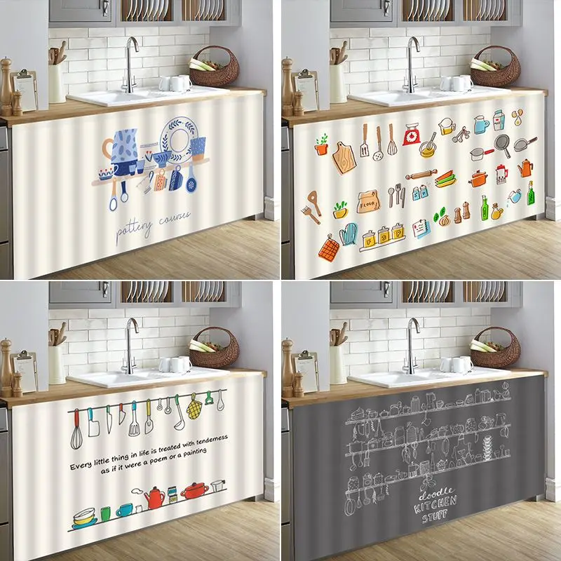 VIKAMA VIKAMA Kitchen Utensil Doodle Long Cabinet Cover Curtain No-Drill Hook-and-Loop Island Cupboard Storage Shelf Decor - Aliexpress Deal