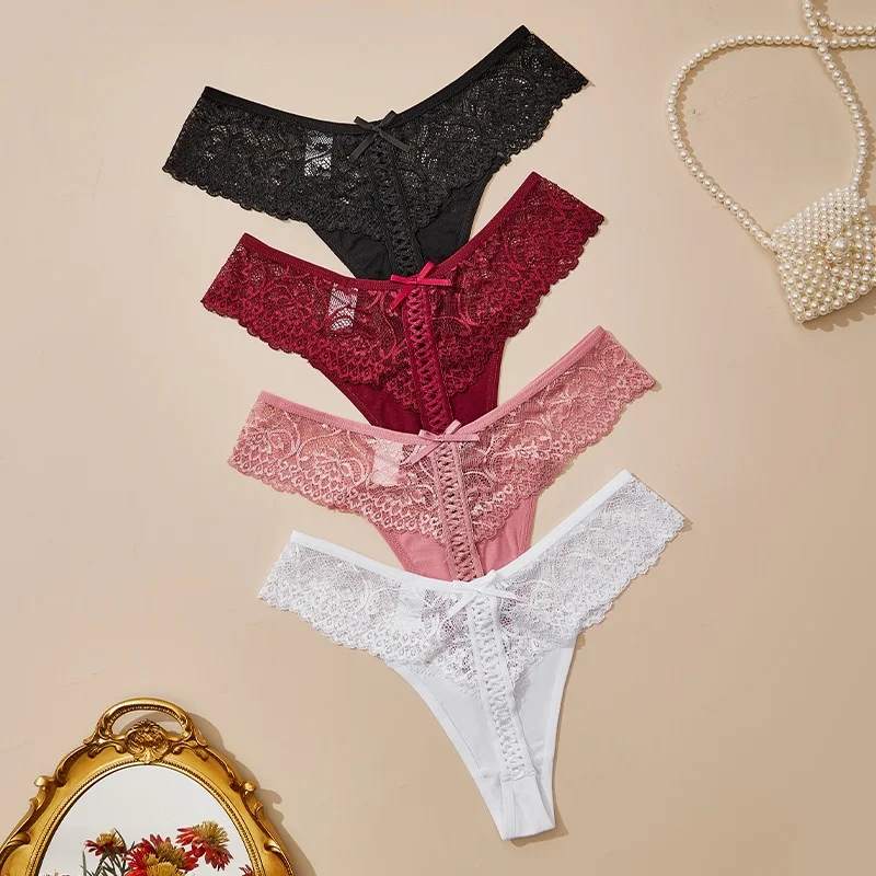 Low Waist Seamless Thong Lace G String Panties Sexy Women's Underwear Briefs Transparent Hollow Out Underpants Size S-XL