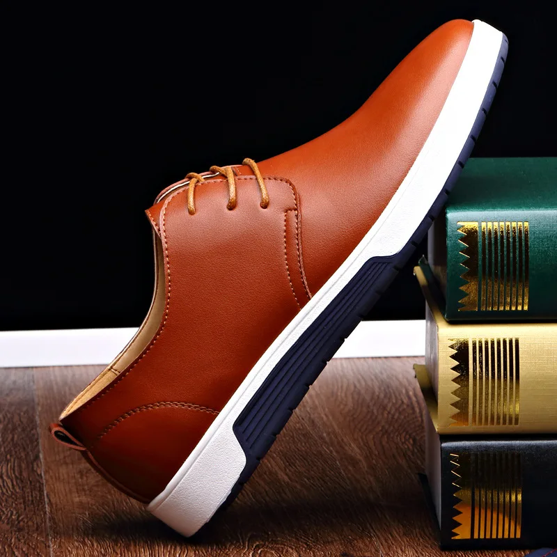 Leather Men Casual Shoes Lazy Slip on Mens Leather Shoes Quality Breathable Lace Up Man Flats British Peas Shoes Plus Size 39-48