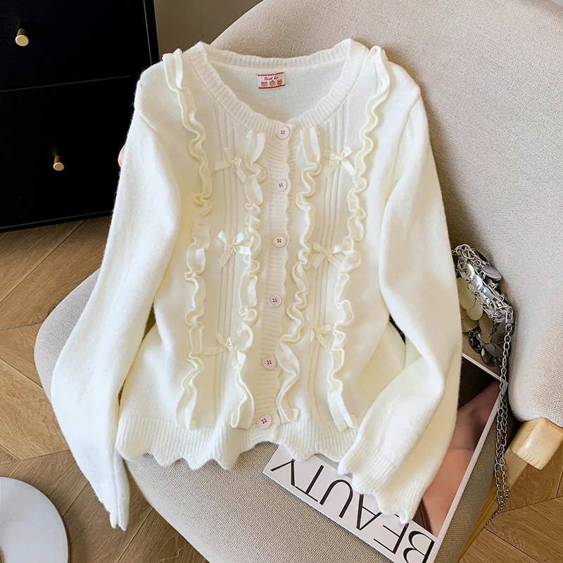 

Милый кавайный вязаный кардиган с бантом, женский осенне-зимний свитер с длинными рукавами и рюшами, повседневная милая шикарная студенческая верхняя одежда на пуговицах