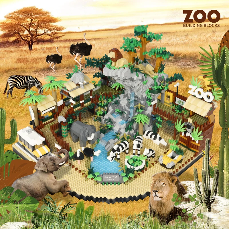 4800PCS Creative Micro Particle Africa Wilderness Lion Zebra Animal Zoom City Building Blocks Street View Assemble Bricks Toys