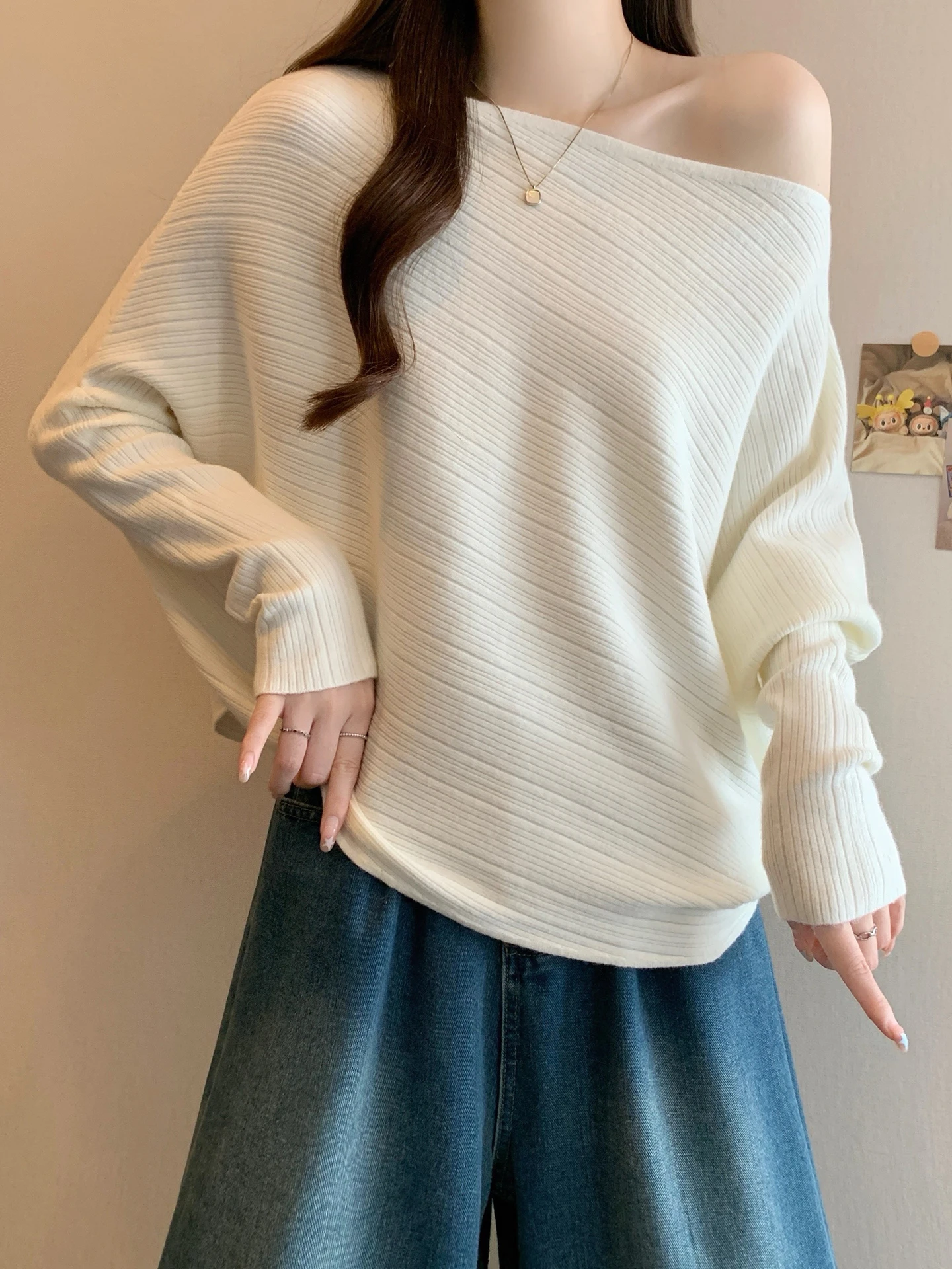 

Женский вязаный свитер Ele Batwing Sve больших размеров, утягивающий, с асимметричным вырезом на плече, уникальный топ для осенних поездок на работу