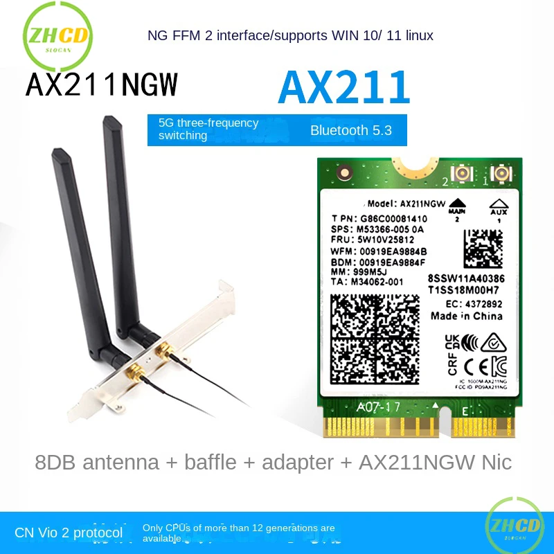 WiFi 6E AX211NGW Tri Band 2.4G/5G/6Ghz Wireless Network Wifi Card Adapter For Bluetooth 5.2 Intel AX211 M.2 KeyE CNVio Windows11