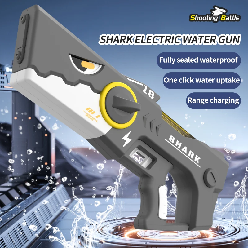 ปืนฉีดน้ำไฟฟ้าฉลามข้ามพรมแดน ดูดน้ำและฉีดน้ำอัตโนมัติ แรงดันสูง ชาร์จ USB สำหรับกิจกรรมกลางแจ้งในฤดูร้อน