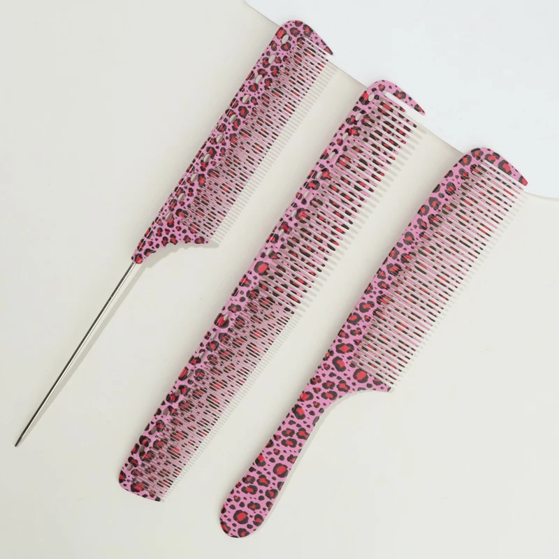 Eins bis dreiteiliges Set: Rosa Haarkamm mit Leopardenmuster, Flachkopfkamm, zwei langlebige ABS-Materialien + Metall-ABS-Griffe