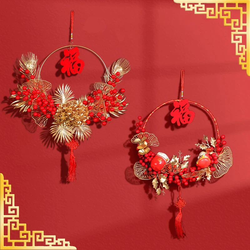 New Year Wreath Door Hanging Chinese Style DIY Joyful Wedding Red Fruit Wreath Home Door and Window Photography Decoration