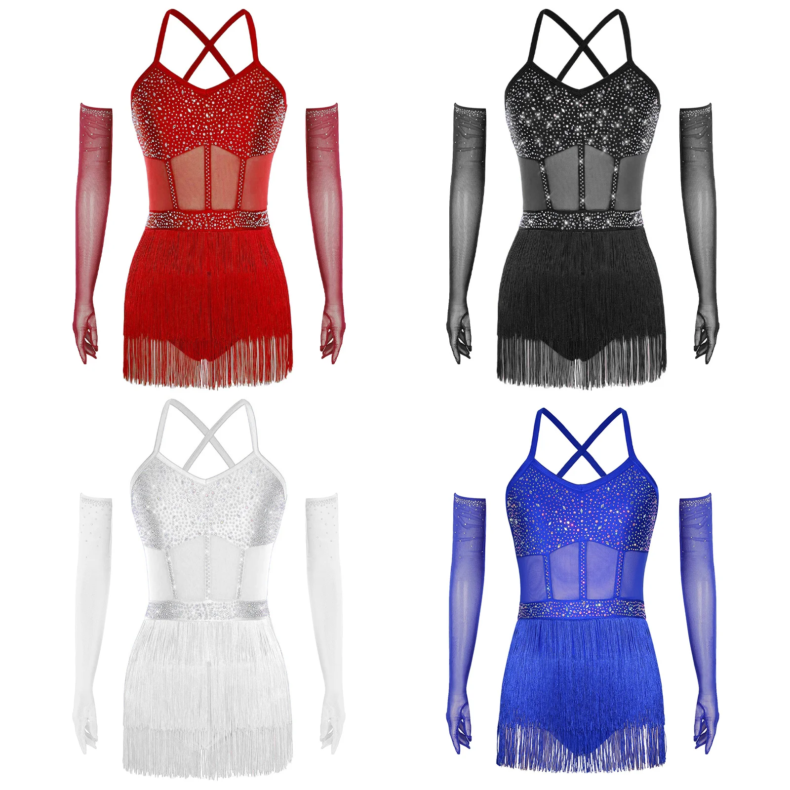 Vestido de leotardo de baile latino para mujer, traje de malla con borlas y diamantes de imitación brillantes para patinaje artístico, Tango cha-cha, salón de baile, Samba, Rumba