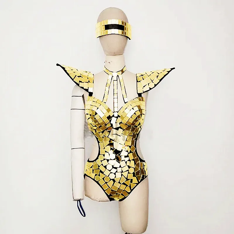 Body con spalle scoperte a specchio glitterato Bar Discoteca Donna Performance sexy Abbigliamento da palcoscenico Club Party Ballerini Gruppi Drag Queen Costume