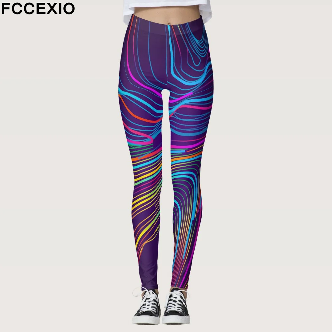 FCCEXIO Summer New Geometric Graffiti Print Women\'s Sports Leggings High Waist Running Tght Fitness Workout Yoga Gym Pants S-3XL