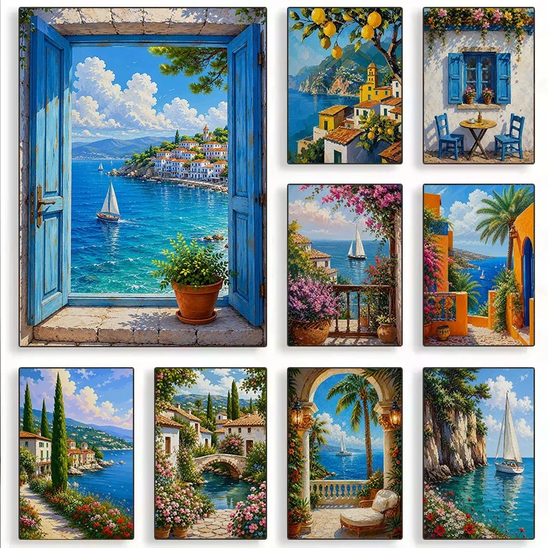 Canvas Painting Vintage De Italia Con Árbol De Limón Costero, Velero, Santorini, Flores Y Arquitectura, Arte De Pared, Decora