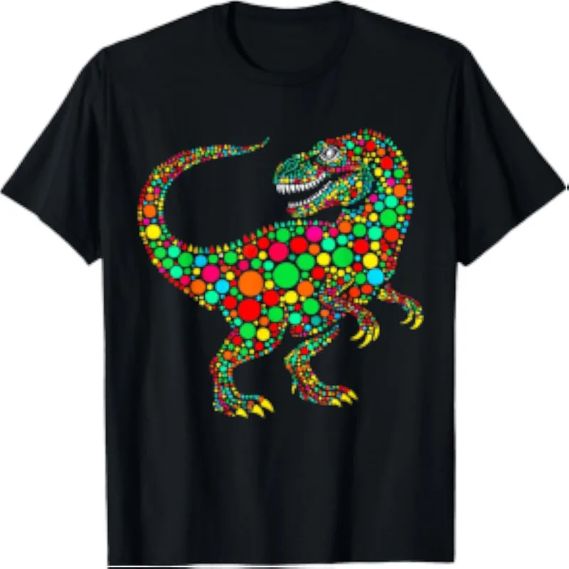 Men Colorful Polka Dot Dinosaur T Shirt Rainbow Tyrannosaurus Rex Graphic Print Short Sleeve O-neck Cotton Tee Tops