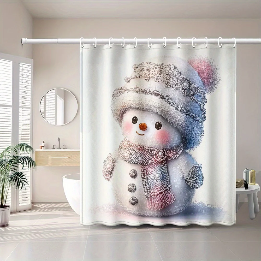 1pc Pearl-Decorated Cute Snowman Print Shower Curtain, European and American Holiday Style with Plastic Hooks, Simple Artistic B