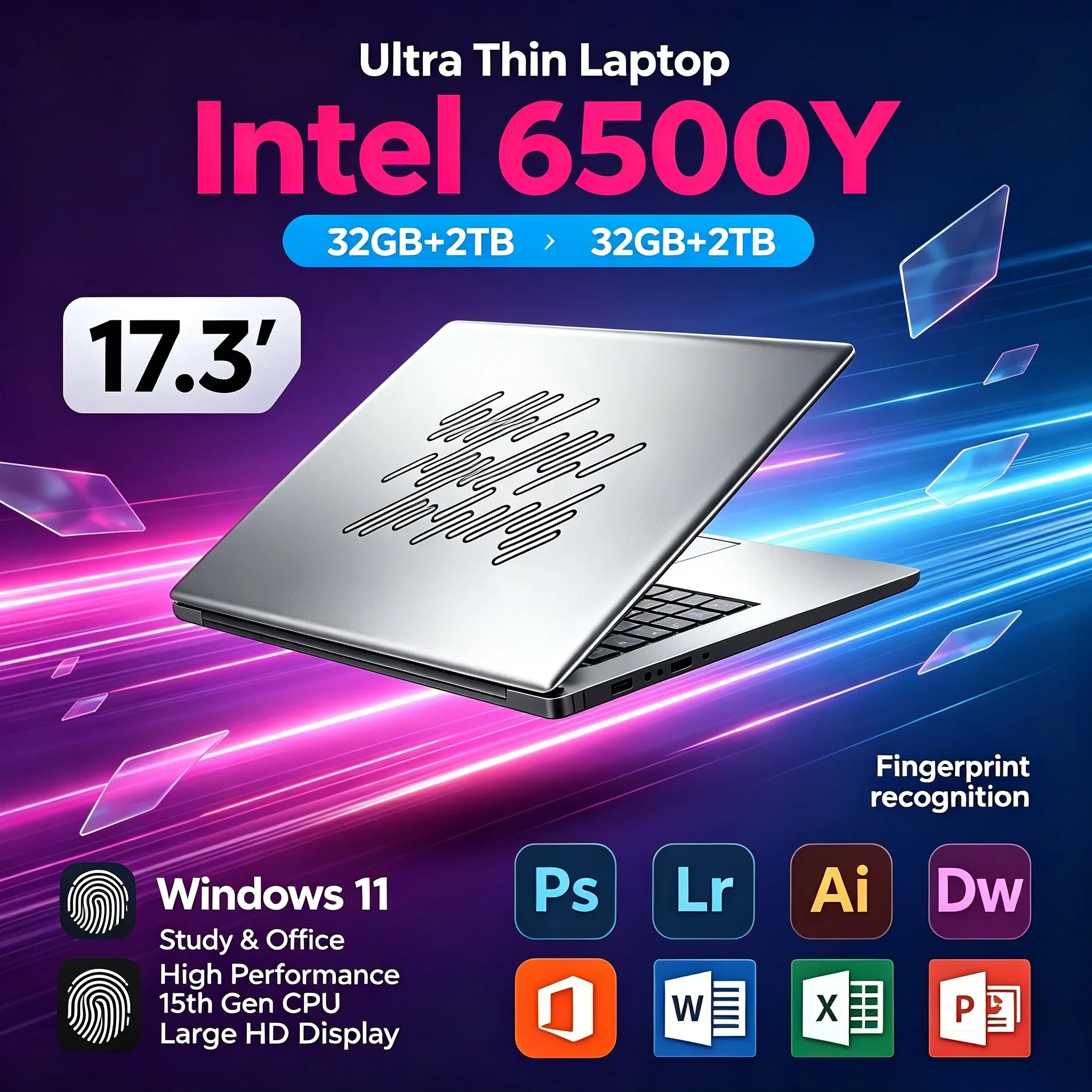 New 17.3'' Big Display Portable Notebook Laptop Intel 6500Y 32GB RAM 2TB SSD Win11 WiFi6 Bluetooth5.2 PC For Office Home Work