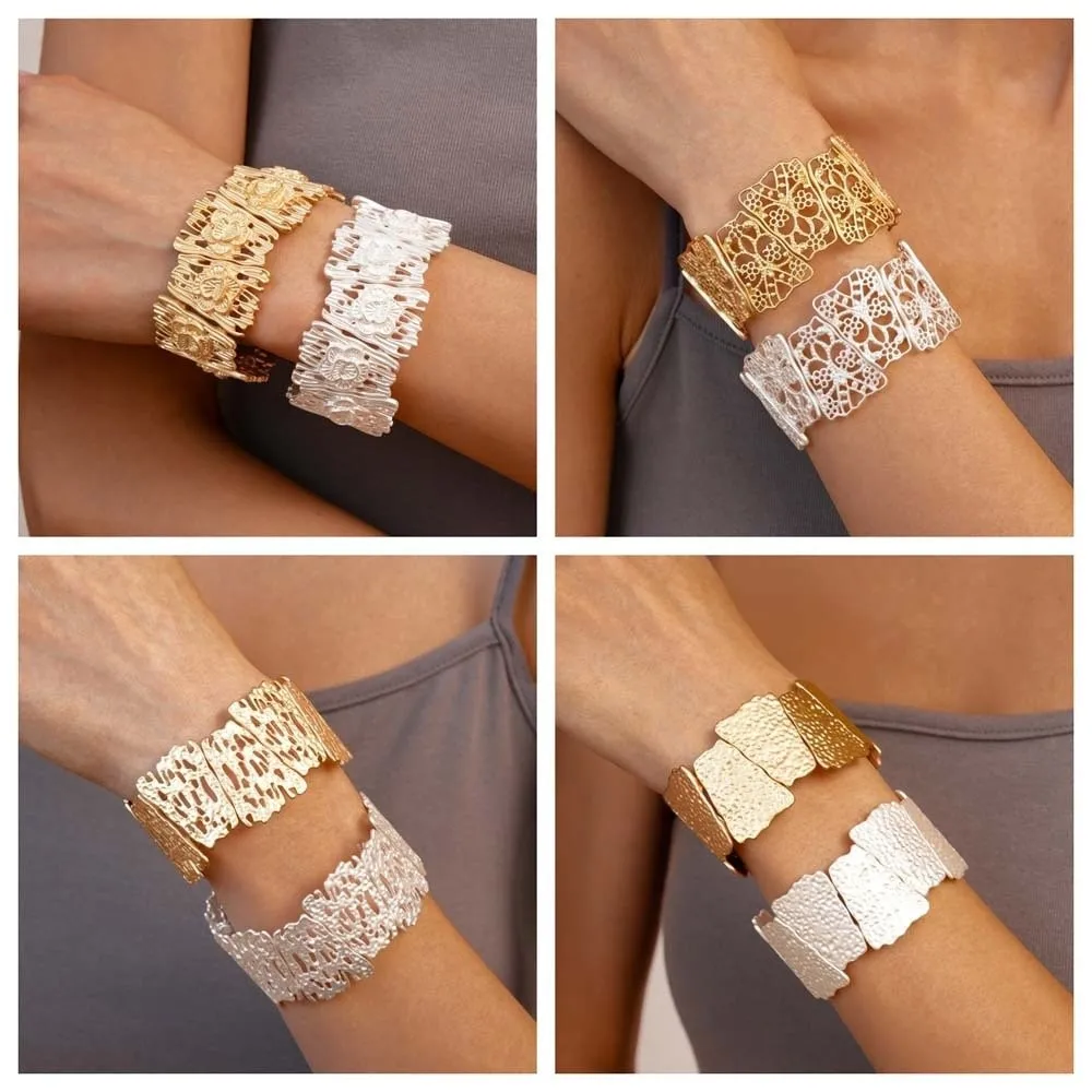 Brazalete ancho de Metal de aleación hueca, estilo europeo americano, diseño minoritario, pulsera exagerada, accesorios de joyería de flores
