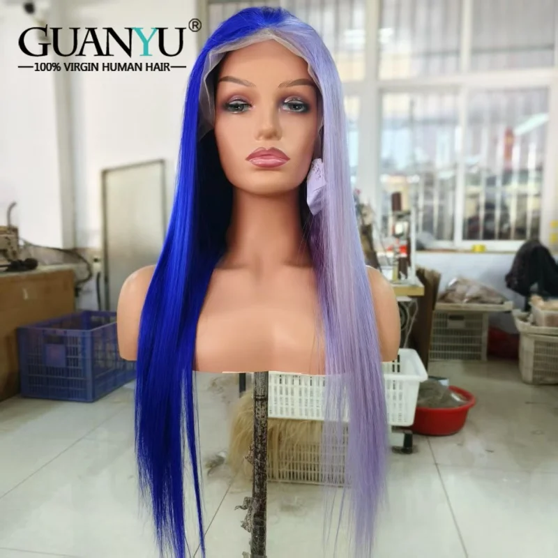 

13x6 Lace Frontal Wig Half Light Purple Half Purple Split Two Tone Cosplay Wig Long Straight Human Hair Wig For Women