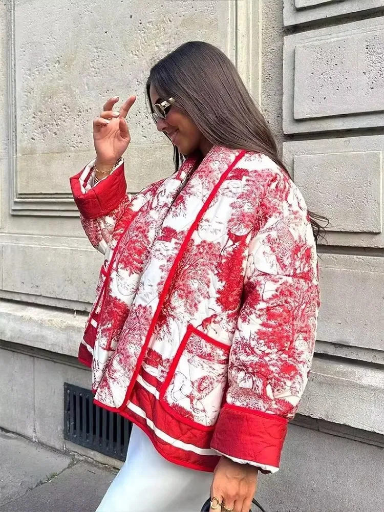 

HH Winter Vintage Print Quilted Coat Woman Casual Long Sleeve Warm Cardigan Jacket Female Fashion Open Front Loose Outwear