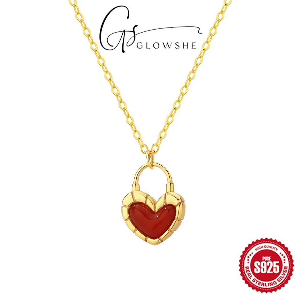 

Glowshe 925 Sterling Silver Red Agate Heart Lock Necklace Designer Fine Jewelry 2024 New Trend Elegant Collarbone Chain Gift