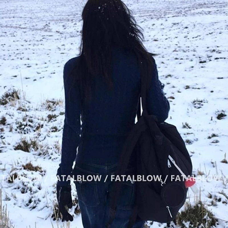 المرأة الكورية الأزرق الداكن محبوك سترة وهمية الرقبة طويلة الأكمام ضئيلة البلوز كابل أنيقة ربيع الخريف خمر الكلاسيكية الأعلى #5