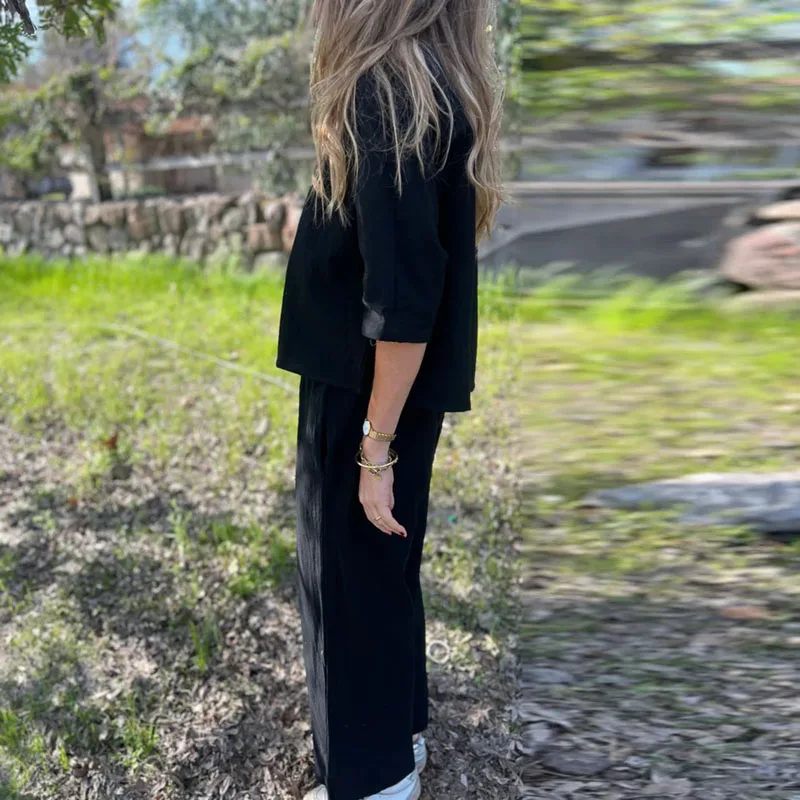 빈티지 솔리드 코튼 린넨 여성 의류 우아한 O넥 탑 풀오버 & 롱 팬츠 슈트 가을 반팔 투피스 세트 의상