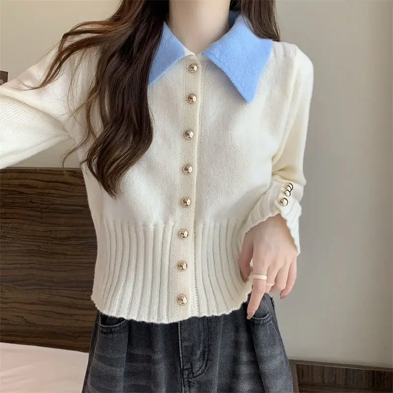 Polo Collar Knitting Cardigan Women Autumn Winter Simplicity Office Lady Solid Color Sweater Fashion All-match Knitwear Tops