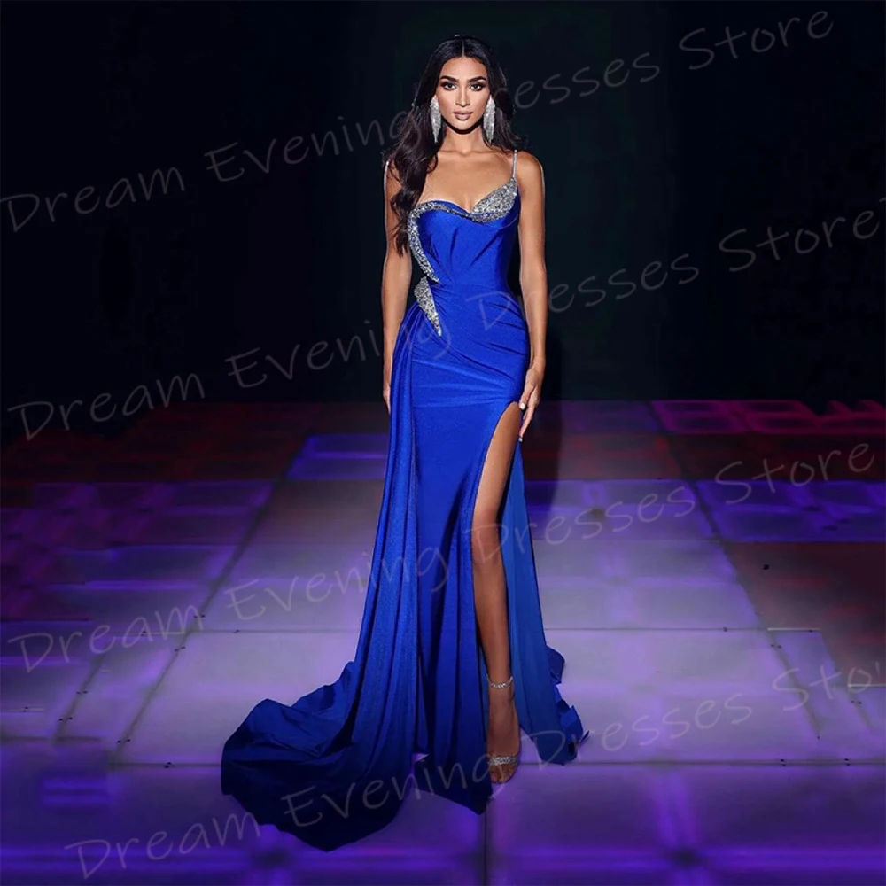 Beautiful Blue Mermaid Charming Women's Evening Dresses Modern One Shoulder Prom Gowns Sexy Side Split Beaded Vestido De Noche