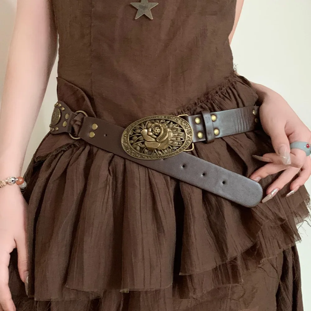 Versatile Alloy Coffee PU Belt Y2K Jeans Decor Retro Ethnic Belt Exaggerated Bohemian Style Wide Brown Waistband Waist Seal